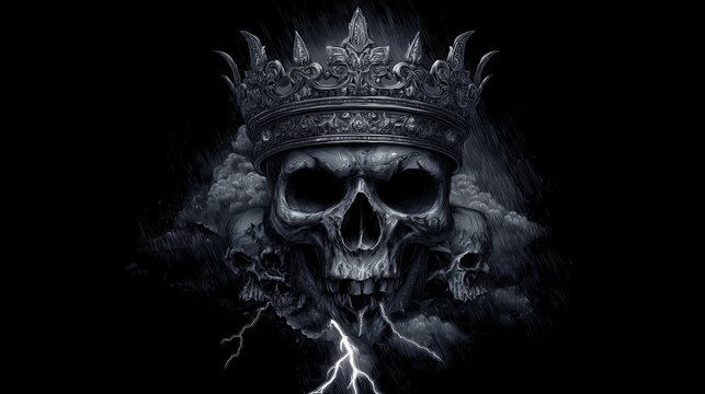 A dramatic illustration of a skull wearing a crown with lightning emanating from it