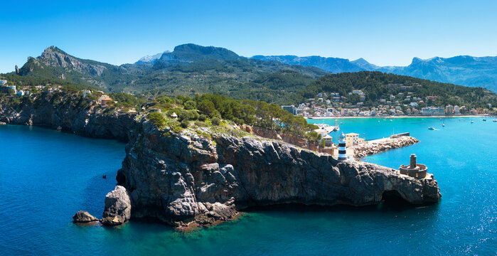 Panorama of city in Mallorca - Port de Soller with nice beach, Spain