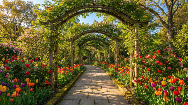 A picturesque stone path leads through lush garden arbors with blooming tulips and roses. Green trees create a natural archway on a peaceful sunny spring day.