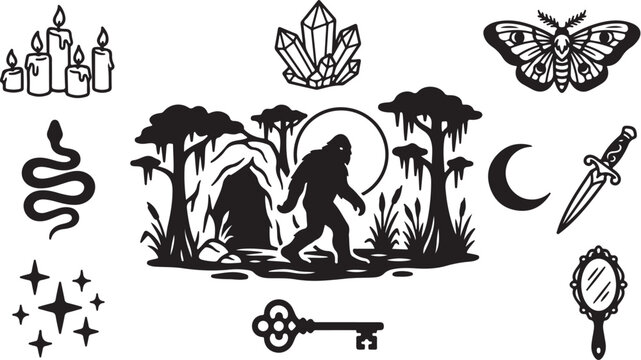 Sasquatch and a woman in a mystical forest