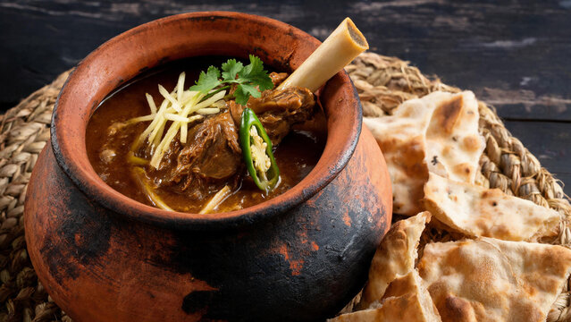 Authentic Kunna gosht slow-cooked mutton curry served in traditional narrow-necked terracotta clay pot with ghee and ginger garnish on woven mat
