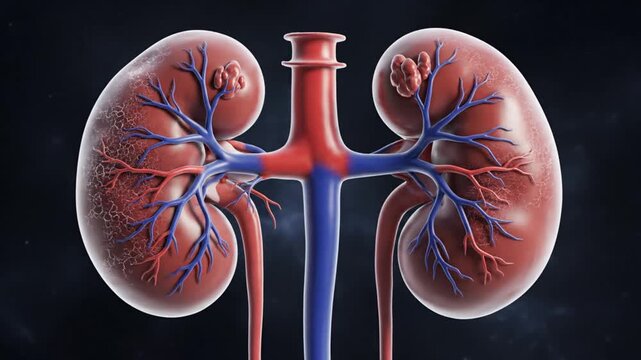High detail medical visualization realistic floating kidneys with natural organic texture visible vascular structure soft cinematic lighting dark atmospheric background smooth floating movement clean 