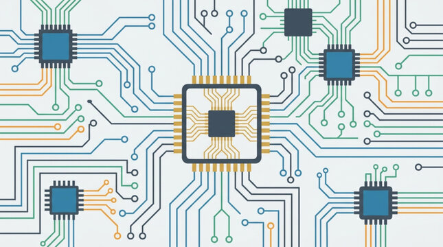 Central processor chip connected to multiple smaller processors on a complex circuit board, visualized with colorful lines against a bright white background, symbolizing technology and data