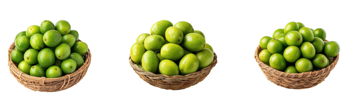 Small wicker baskets filled with fresh green hog plums, sour tropical ambarella fruits rich in vitamin C and antioxidants isolated on a transparent background.