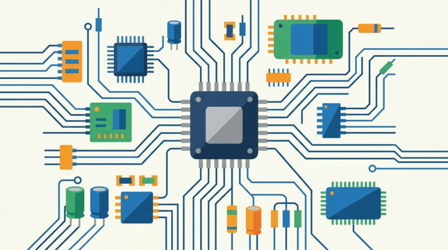 Flat lay illustration of a complex electronic circuit board with various components and intricate pathways, showcasing a detailed technological network against a light background