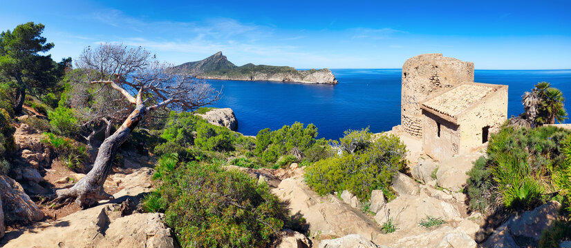 Panorama of  tower of Cala Basset (Torre de Cala en Basset) is a watchtower from the late 16th century, located in the mountains of Tramuntana Majorca with sea
