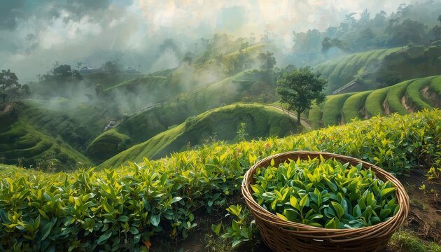 A sweeping atmospheric oil painting of verdant rolling tea terraces cloaked in mist with a basket of fresh tea leaves in the foreground
