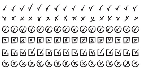 Check tick mark icon set, hand drawn doodle red cross box x check mark green checkbox v, sketch marker checklist symbol right and wrong set - for stock. Green check mark and red cross icon set, circle © Hike Studio 2