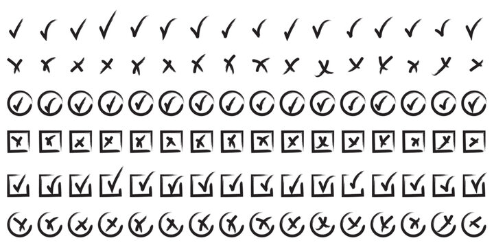 Check tick mark icon set, hand drawn doodle red cross box x check mark green checkbox v, sketch marker checklist symbol right and wrong set - for stock. Green check mark and red cross icon set, circle