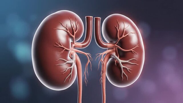 Photorealistic 3D kidneys render floating softly in mid air realistic renal anatomy detailed tissue contours glossy organic surface ambient cinematic lighting blurred abstract background realistic sub
