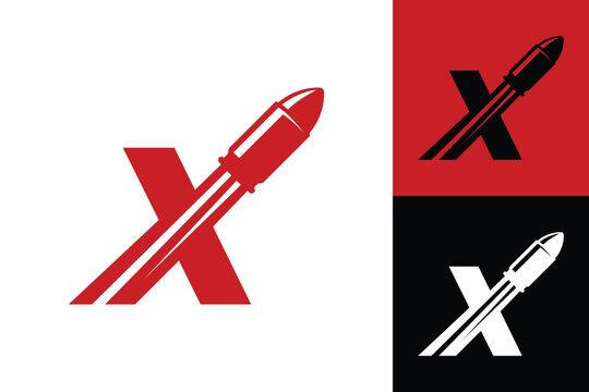 A creative graphic logo concept featuring the letter X integrated with a flying bullet ammunition icon, presented in three different high contrast color variations for military, tactical, or gaming.