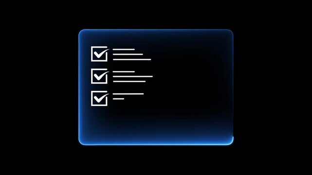 Cyan neon checklist with star rating icon representing business quality standards and feedback concept