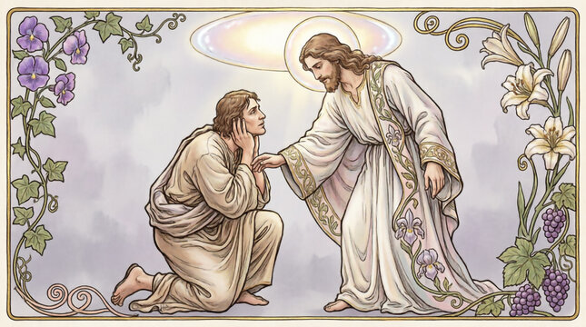 Jesus tenderly heals a deaf man with divine holy light, restoring sound through miraculous grace.