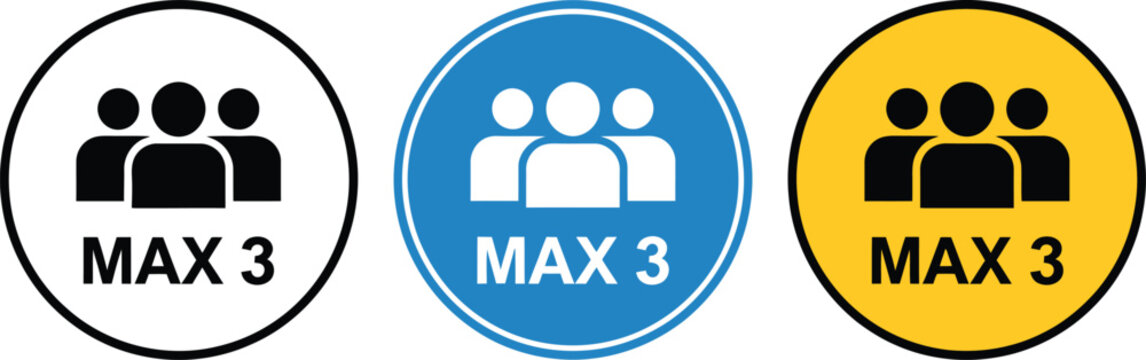 Maximum three people capacity icon set, group badge symbol representing occupancy limit safety regulation public rule and social distancing signage design.