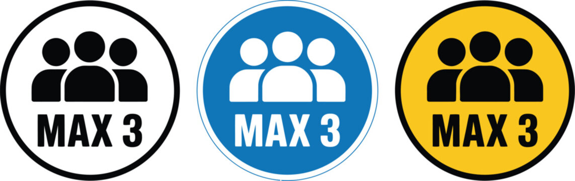 Maximum three people capacity icon set, occupancy limit symbols for safety regulations public access control and social distancing awareness signage.