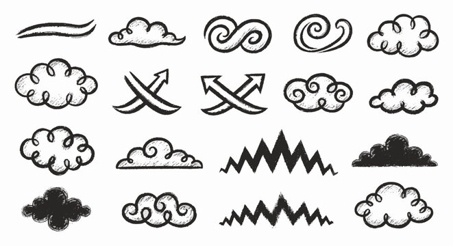 Hand-drawn white chalk style cloud icon with textured charcoal edges, vector graphic element for weather forecasting, thought bubbles, and educational blackboard designs.