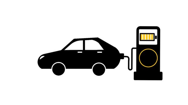 Electric vehicle charging station with car connected to charger in black silhouette style. Simple transportation and energy symbol illustration
