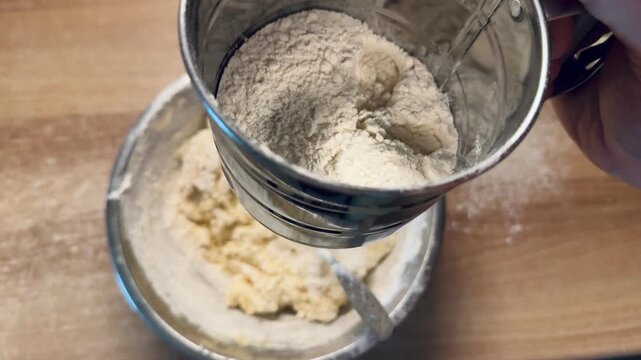 A man hand holds a mechanical flour sifter and sifts flour into dough during the baking process