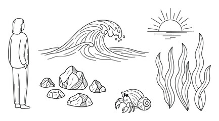 Obraz premium Hand drawn outline elements for ocean and nature themes including a person and waves