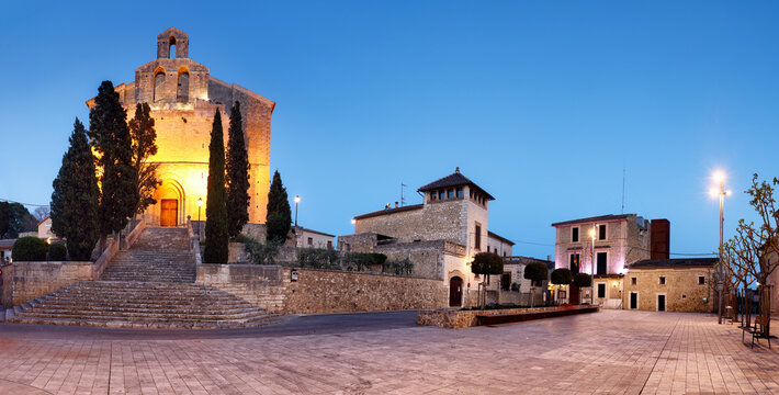 Parish Church of Sant Llorenc and main square in Selva at night, Mallorca, Spain