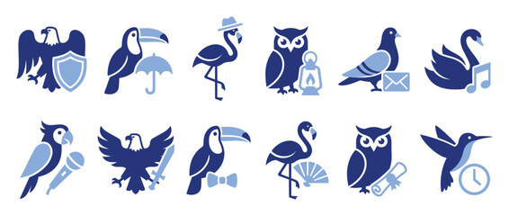 Fototapeta premium Set of blue bird icons depicting various concepts like protection communication wisdom music and