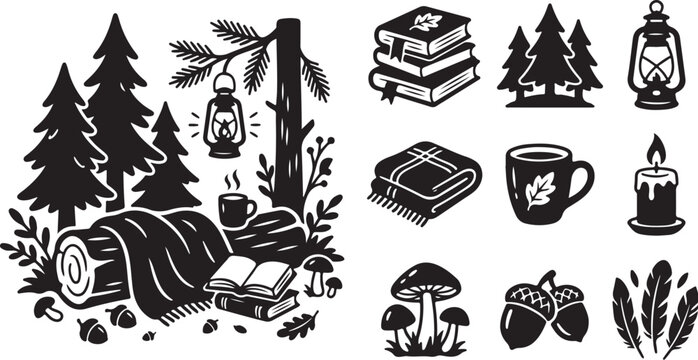 Camping and reading in the forest illustration set