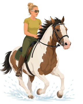 Vsai woman riding pinto horse splashing water, enjoying equestrian sport
