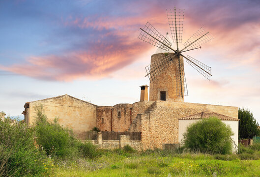 Mallorca - windmill in the traditional village of Algaida on the Balearic island of Majorca in Spain
