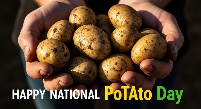 Farmer hands holding a bunch of freshly harvested raw potatoes over dark moody ground background