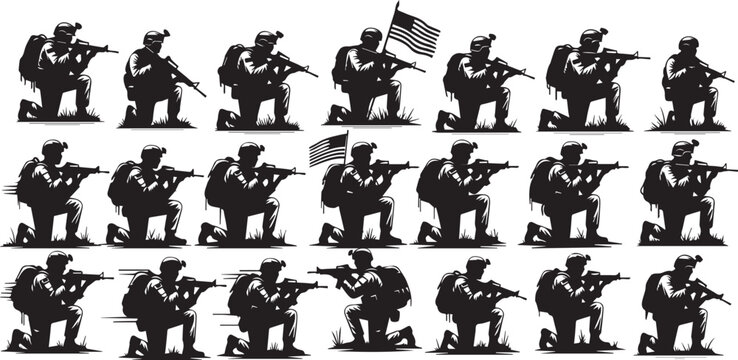 Soldiers in combat stance with guns and American flag