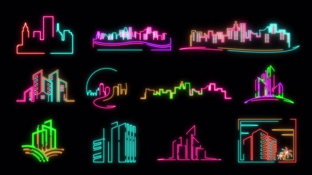 Neon City Skyline Icons Set Animation Loop, Glowing Urban Collection on Transparent Background
