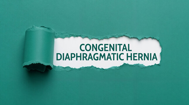 Torn teal paper revealing "Congenital Diaphragmatic Hernia" text on white background, awareness concept with copy space