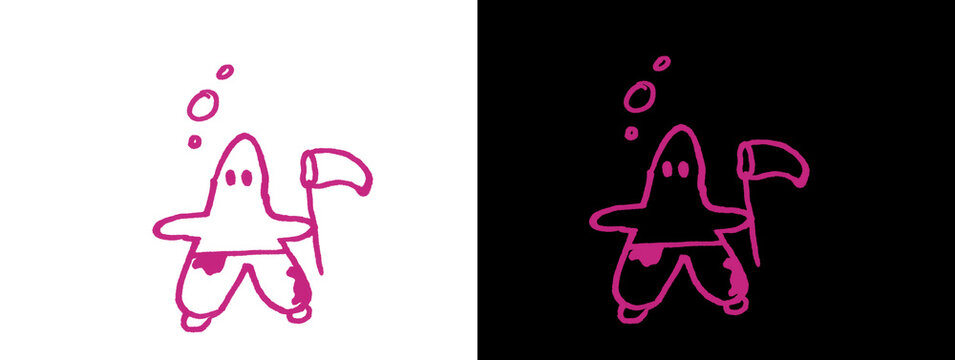 Pink Patrick Star Cartoon Line Art on White and Black Background