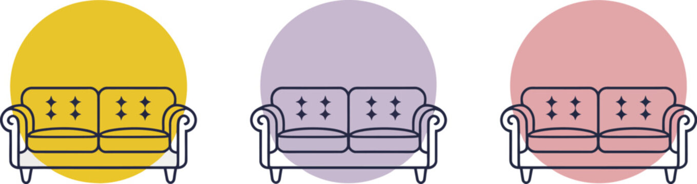 Two seater sofa vector set, colorful circular furniture icons featuring elegant tufted couches in modern flat line style on white background.