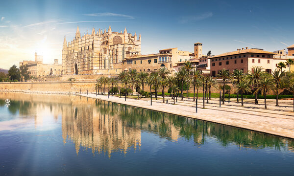 La Seu Cathedral in Palma de Mallorca at sunset with reflection, Spain.