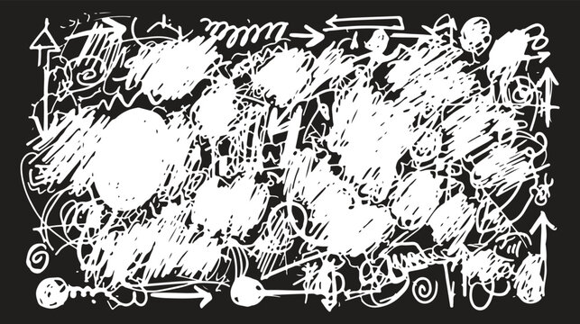A high-energy, raw, and expressive digital illustration featuring dense white-on-black scribbles, swirling loops, and erratic arrows.