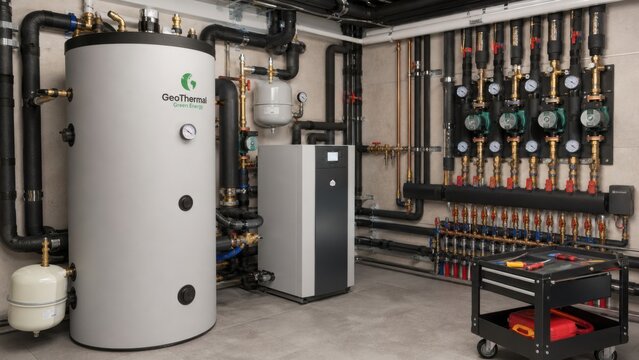 Geothermal heating system equipment in a modern facility showing various pipes and valves for efficient energy use in a controlled environment