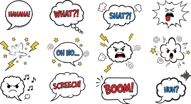 A versatile set of playful vector elements, including directional arrows, callout frames, and expressive comic-style speech bubbles.