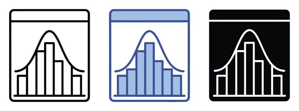 Set of statistical chart icons with normal distribution bell curve and data histogram