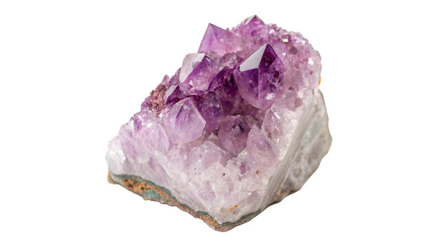 A beautiful raw piece cluster of purple amethyst quartz gemstone mineral crystals geological specimen isolated on transparent background PNG cut out
