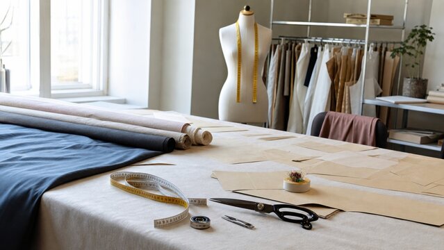Crafting garments in a fashion studio with materials and tools set on a table, showcasing the process of design and tailoring during daylight hours