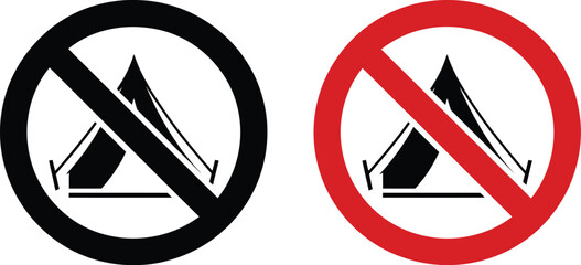 No camping, prohibition sign icon set, crossed tent symbol in black and red circular warning styles for outdoor regulation and restricted area signage. © Kha