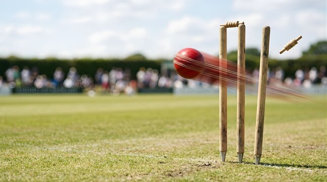 Red cricket ball hitting wooden wickets on a green stadium grass field