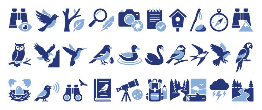 Set of birdwatching and nature exploration vector icons for graphic projects and educational