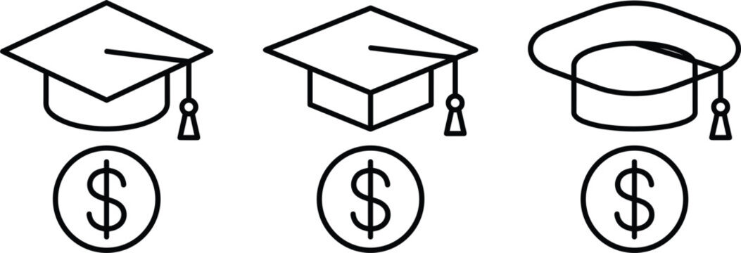 Graduation Cap and Dollar Coin Outline Icon Set Representing Education Costs Student Loans Academic Scholarships and Tuition Fee Vector Illustration