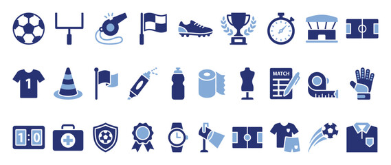 Fototapeta premium Set of soccer and football equipment vector icons for sports web apps and branding projects