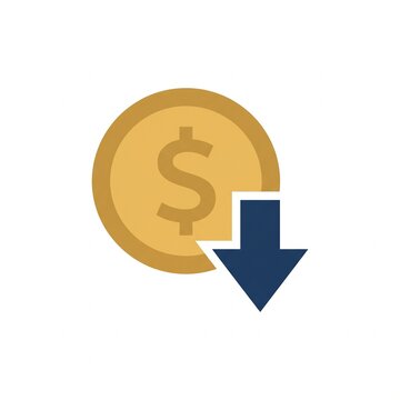 Gold dollar coin with downward arrow icon isolated on white background vector illustration