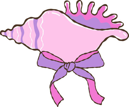 Beautiful spiky pink conch shell with purple ribbon bow hand drawn