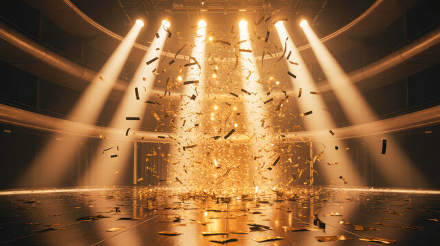 Golden confetti raining down on a brightly illuminated stage under powerful spotlights in this vibrant photograph capturing a moment of grand celebration and festive success tonight