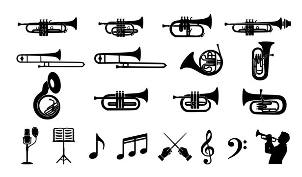 Musical Instrument Icon Vector Set Including Trumpets, Trombones, Horns, Tubas, Microphones, Sheet Music, and Notes for Music, Entertainment, and Stock Designs